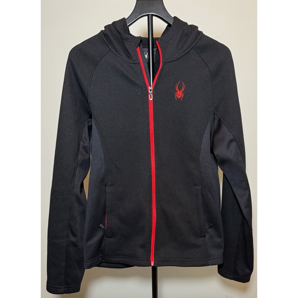 Spyder Men's Full Zip Hooded Fleece Hoodie Black/Red Logo Size M Stretch Perfect